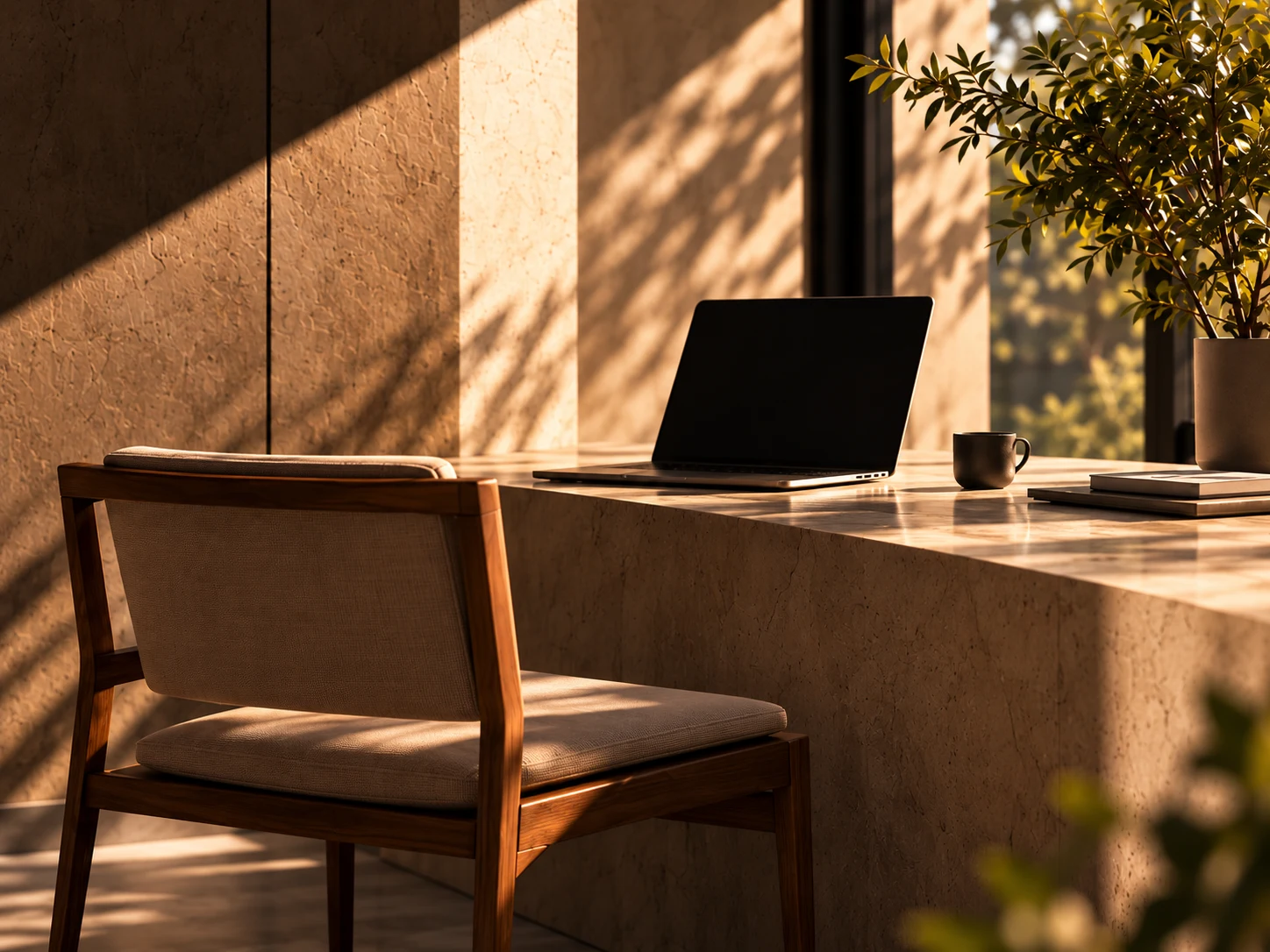 Concept image of a laptop and wooden chair in warm evening light