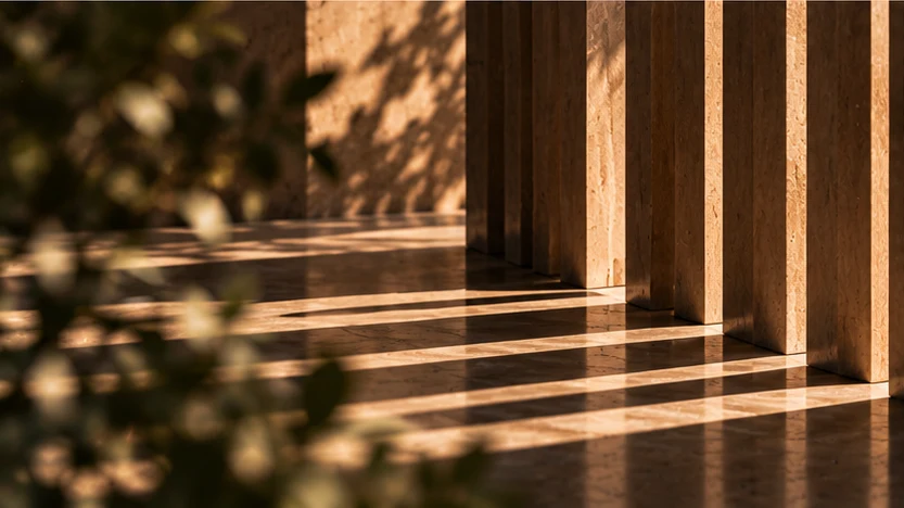 Concept image of vertical travertine panels in warm sunlight