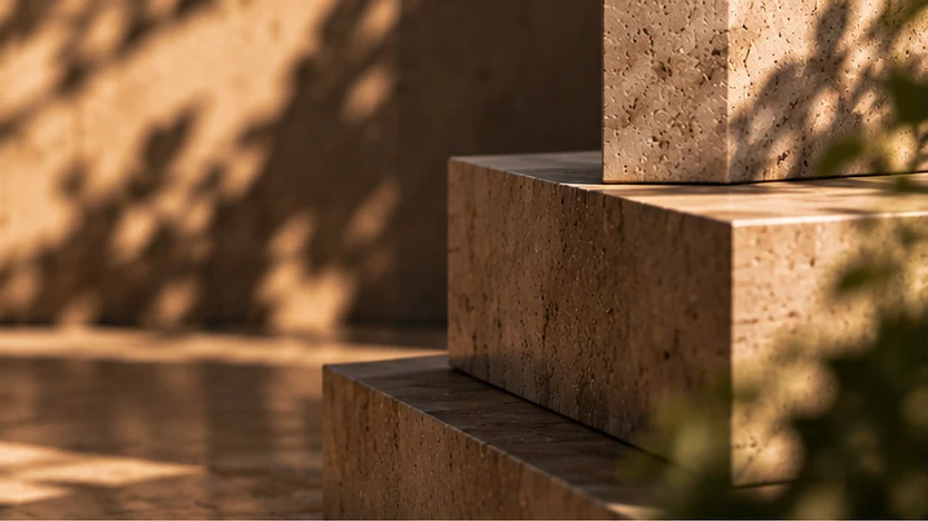 Concept image of stacked travertine blocks in warm sunlight
